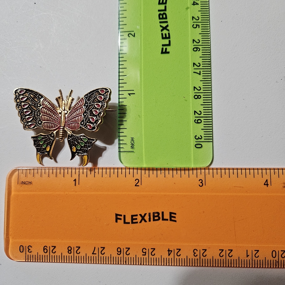 Enamel Butterfly Brooch in Pink, Black & Gold - Picture 2 of 4